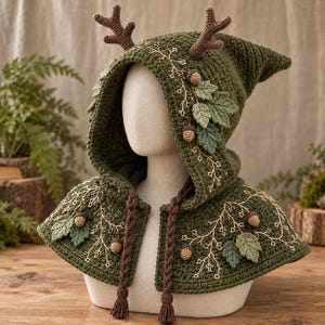 Puede incluir: Una capa con capucha de ganchillo verde oscuro con dos astas de ganchillo marrones en la parte superior. La capucha está decorada con ramas blancas bordadas, hojas verdes de ganchillo y pequeñas bellotas marrones. Dos borlas trenzadas cuelgan.