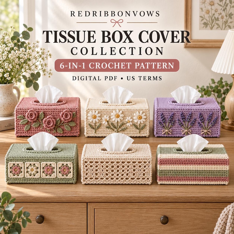 Rectangular Pattern Vintage Crochet Tissue Box Cover Pattern PDF, 6-in-1 Floral & Vintage ...
