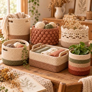 May include: A collection of six crocheted storage baskets in various shapes and sizes, featuring neutral, terracotta, and sage green color palettes. The baskets display different textures, including solid stitches, bobble patterns, and intricate lace designs.
