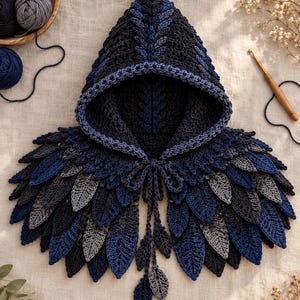 May include: A hooded capelet crafted from dark blue, navy, and grey yarn, featuring a layered leaf-like texture throughout the body and hood. The garment includes a drawstring closure at the neck with two dangling leaf-shaped accents.