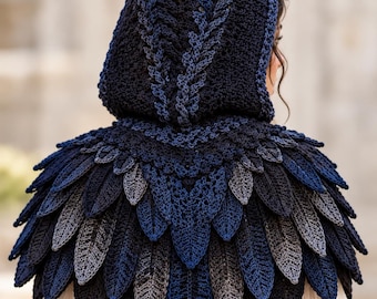 Raben Cape Häkelanleitung PDF, Kapuzenumhang mit Federn, Gothic Fantasy Capelet, Krähen Kostüm Cosplay