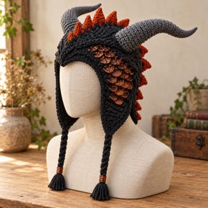 Pode incluir: Um gorro de crochê cinza-escuro com dois grandes chifres curvos, uma fileira de espinhos laranja no topo e na parte de trás, e detalhes metálicos cor de cobre em forma de escamas nas laterais, com duas longas tranças laterais.