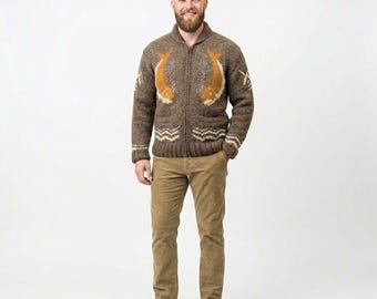 Vintage Cowichan Style Fish Sweater – Hand Knit Chunky Wool Cardigan
