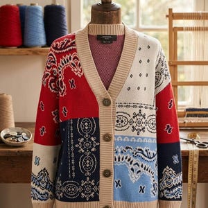 May include: A V-neck cardigan featuring a patchwork design with red, navy blue, light blue, and cream sections. The knit garment displays intricate paisley and bandana-inspired patterns throughout, finished with a tan ribbed trim and four round buttons.