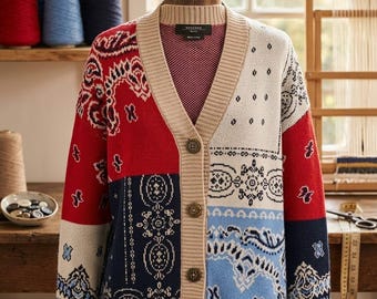 Cardigã Baobab Jacquard, Cardigã Bandana Patchwork Feminino, Suéter Boho de Tricô com Botões,