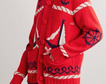 Cardigan rouge marin fait main - Pull boutonné en laine épaisse - Pull voilier de style Cowichan