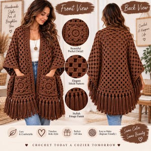 Op de afbeelding: Een bruin gehaakt vest met een granny square patroon, twee voorzakken met bloemmotieven en een zoom met lange franjes. Het kledingstuk wordt van voor en achter getoond, waarbij het ingewikkelde garenwerk en de kwastjes worden benadrukt.