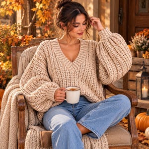 May include: A beige V-neck jumper with a chunky knit texture and voluminous balloon sleeves, paired with light blue denim jeans. The jumper features a ribbed neckline and cuffs, providing a relaxed fit while holding a white ceramic mug.