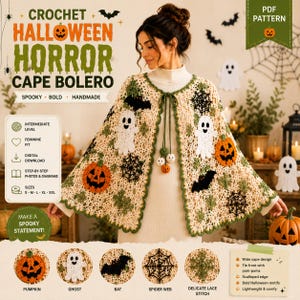 May include: A cream-colored crochet cape bolero featuring green scalloped edges and a tie-front closure. The garment is decorated with various Halloween-themed motifs, including orange pumpkins, white ghosts, black bats, and black spider webs.