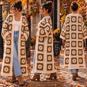 May include: A long, open-front crochet cardigan featuring a repeating granny square pattern with white, yellow, and olive green floral motifs. The garment has long sleeves, two front pockets, and a floor-length hem, shown from front, side, and back views.