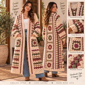 May include: A long, open-front crochet cardigan featuring a multi-colored granny square pattern in cream, sage green, and dusty rose. The garment includes long sleeves, two front pockets, and a vertical striped border along the front opening.