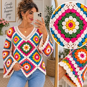 Puede incluir: Una blusa de ganchillo de manga larga con un vibrante patrón de cuadrados de la abuela en colores brillantes como rosa, amarillo, naranja, azul, verde y blanco. La prenda tiene cuello en V, mangas acampanadas y un dobladillo festoneado.