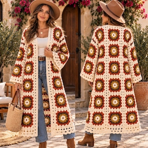 May include: A long, open-front crochet cardigan featuring a repeating granny square pattern in cream, mustard yellow, burnt orange, and dark brown. The garment has long sleeves, a straight hem, and a scalloped edge detail along the bottom border.