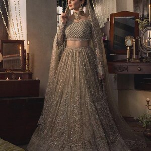 Pakistani Indian Beige Bridal Lehenga | Zardosi Wedding Outfit | Embroidered Choli with Net Dupatta