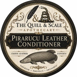 May include: A circular label for The Quill & Scale Apothecary Pirarucu Leather Conditioner. The design features a black quill, a coiled snake, and a detailed illustration of a pirarucu fish, with text reading Nourish, Protect, Preserve.