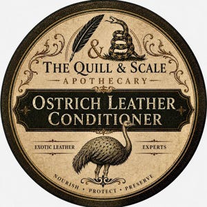 May include: A circular label for The Quill & Scale Apothecary Ostrich Leather Conditioner. The design features a quill, a coiled snake, and an ostrich illustration on a beige background with black text, ornate borders, and the words Nourish, Protect, Preserve.