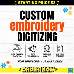 Op de afbeelding: Een wit bord met de tekst CUSTOM EMBROIDERY DIGITIZING in grote zwarte en oranje letters. Iconen staan voor hoogwaardige digitalisering, snelle doorlooptijd, premium kwaliteit en meerdere formaten. Tekst bevat 1 HOUR TURNAROUND en 24 HOURS SERVICE.