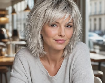 Peluca bob rizada gris, cabello sintético corto de 30 cm para mujer.