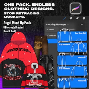 May include: A digital design resource titled Angel Mock Up Pack featuring 8 Procreate brushes for clothing mockups. The image displays a red zip-up hoodie, a black t-shirt with a shark graphic, a polo shirt, and denim pants with text overlays.