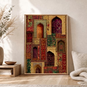 May include: A rectangular wall art print featuring a collage of intricate, colorful patterns resembling traditional rug textures. The design incorporates multiple arched architectural elements in shades of deep red, emerald green, gold, and purple.