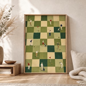 May include: A framed rectangular wall art print featuring a top-down view of a golf course designed with a green and beige checkerboard pattern. The illustration depicts multiple figures in various golf attire actively playing the sport.