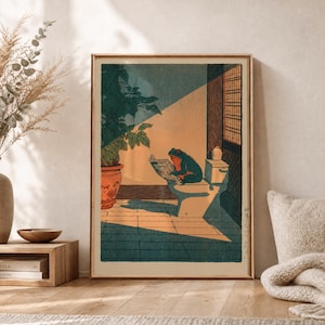 Japoński plakat z żabą w kształcie toalety ukiyo-e, gazeta z żabą w łazience, ilustracja z humorem zen w stylu vintage, dekoracja ścienna