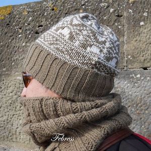Mens beanie ALPACA wool, hand knitted Hat, Jacquard Hat For men, brown sand with white, Febress fashion