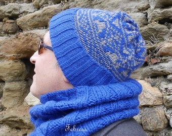 Mens beanie ALPACA wool, hand knitted Hat, Jacquard Hat For men, intense Blue and gray, Febress fashion