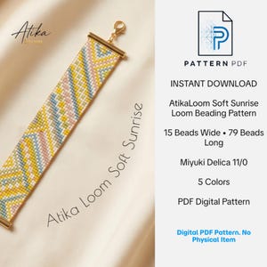 Könnte beinhalten: Ein Perlenarmband mit geometrischem Muster in Gelb, Rosa, Blau und Weiß. Der Text lautet: Atika Loom Soft Sunrise, Pattern PDF, Instant Download, 15 Beads Wide, 79 Beads Long, Miyuki Delica 11/0, 5 Colors, PDF Digital Pattern.
