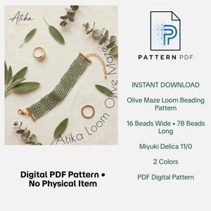 May include: A digital PDF pattern for an Olive Maze loom beaded bracelet. The design features a geometric square pattern in olive green and white, 16 beads wide by 78 beads long, using Miyuki Delica 11/0 beads in two colors. This is a digital download file.