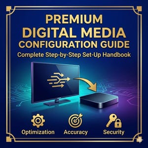 以下が含まれることがあります： PREMIUM DIGITAL MEDIA CONFIGURATION GUIDEおよびComplete Step-by-Step Set-Up Handbookというテキストが記載されたデジタルメディア設定ガイド。テレビ、メディアボックス、最適化、精度、セキュリティのアイコンが表示されています。