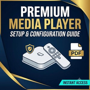 以下が含まれることがあります： PREMIUM MEDIA PLAYER SETUP & CONFIGURATION GUIDEというタイトルのデジタルガイド。白いメディアプレーヤー、リモコン、金色の盾のアイコン、白いPDFドキュメントのアイコンが、金色のアクセントが付いた濃い青色の背景に配置されています。