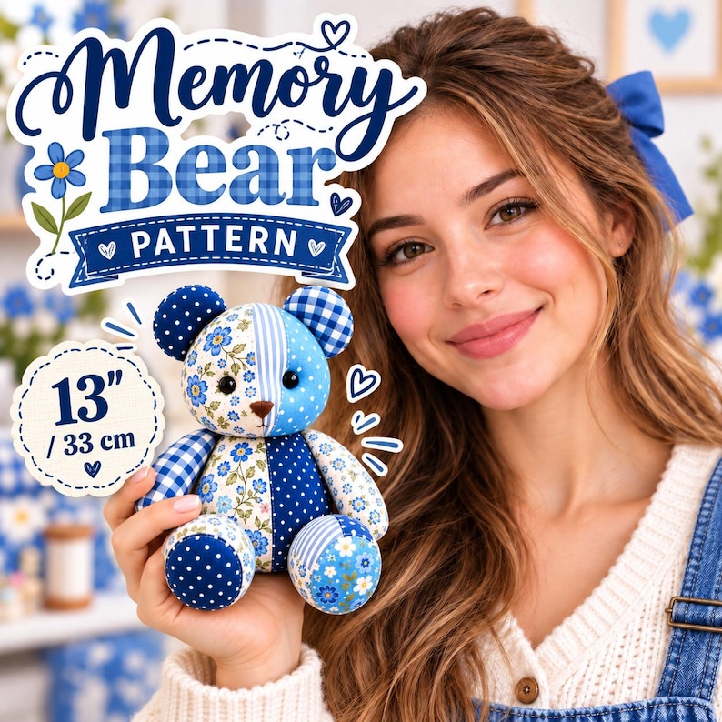 May include: A stuffed bear toy featuring a patchwork design of blue and white floral, polka dot, and gingham fabrics. The bear has dark eyes and a brown nose. Text on the image reads Memory Bear Pattern and 13 inches / 33 cm.
