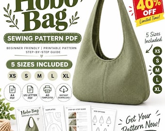 Hobo Bag Sewing Pattern PDF, Slouchy Shoulder Bag, Hobo Tote Bag Pattern, DIY Purse Pattern, 5 Sizes , A0 A4 US Letter,