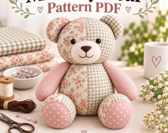 Modello PDF per cucire un orsetto ricordo, modello patchwork per orsetto di peluche, cartamodello per cucire un animale di peluche, tutorial per realizzare un orsetto ricordo da tramandare di generazione in generazione