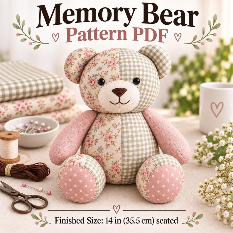 Memory Bear Sewing Pattern PDF, Patchwork Keepsake Teddy Bear Pattern, Stuffed Animal Sewing Template, Heirloom Memory Bear Tutorial image 1