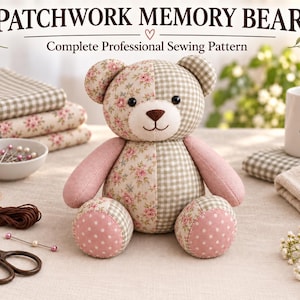 Patrón de costura de oso de recuerdo en PDF, patrón de oso de peluche de patchwork para guardar recuerdos, plantilla de costura de animales de peluche, tutorial de oso de recuerdo para herencia familiar.