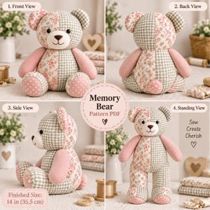 Memory Bear Sewing Pattern PDF, Patchwork Keepsake Teddy Bear Pattern, Stuffed Animal Sewing Template, Heirloom Memory Bear Tutorial image 6