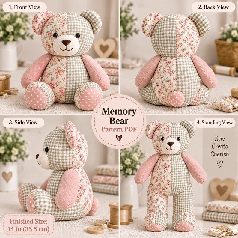 Memory Bear Sewing Pattern PDF, Patchwork Keepsake Teddy Bear Pattern, Stuffed Animal Sewing Template, Heirloom Memory Bear Tutorial image 6