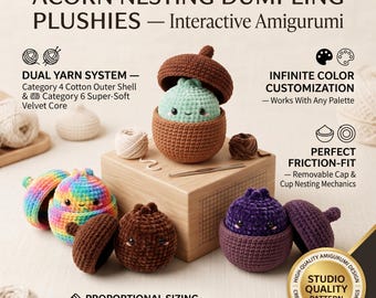 Schema per realizzare un incastro a forma di raviolo e ghianda all'uncinetto, amigurumi senza cuciture, tutorial di uncinetto per principianti, cibo, PDF digitale kawaii, download immediato.