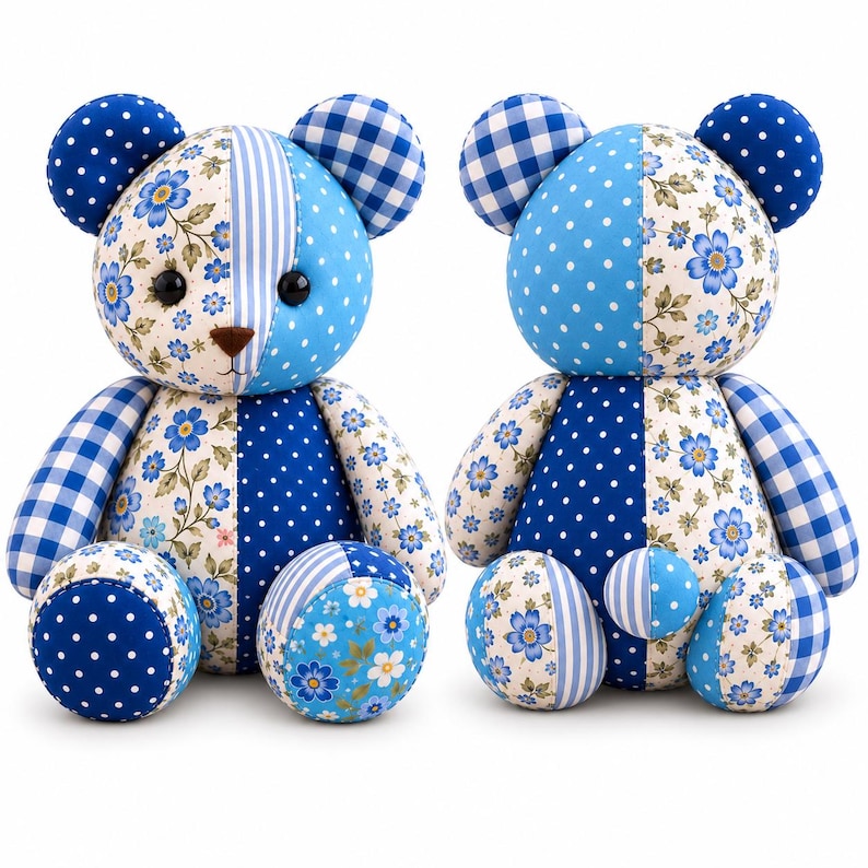 May include: Two stuffed teddy bears crafted from patchwork fabric in shades of blue and white. The bears feature a mix of floral, polka dot, striped, and gingham patterns. Each bear has round ears, dark button eyes, and a brown stitched nose.