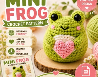 Schema per rana all'uncinetto, peluche a bassa cucitura, portachiavi a forma di rana all'uncinetto facile per principianti, animale amigurumi senza cuciture, mini peluche a forma di rana in PDF