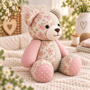 Memory Bear Sewing Pattern PDF, Patchwork Keepsake Teddy Bear Pattern, Stuffed Animal Sewing Template, Heirloom Memory Bear Tutorial image 3
