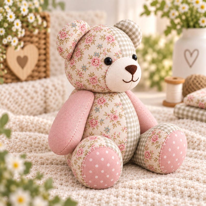 Memory Bear Sewing Pattern PDF, Patchwork Keepsake Teddy Bear Pattern, Stuffed Animal Sewing Template, Heirloom Memory Bear Tutorial image 3