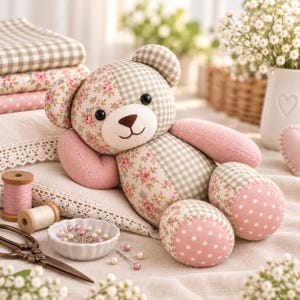 Memory Bear Sewing Pattern PDF, Patchwork Keepsake Teddy Bear Pattern, Stuffed Animal Sewing Template, Heirloom Memory Bear Tutorial image 2