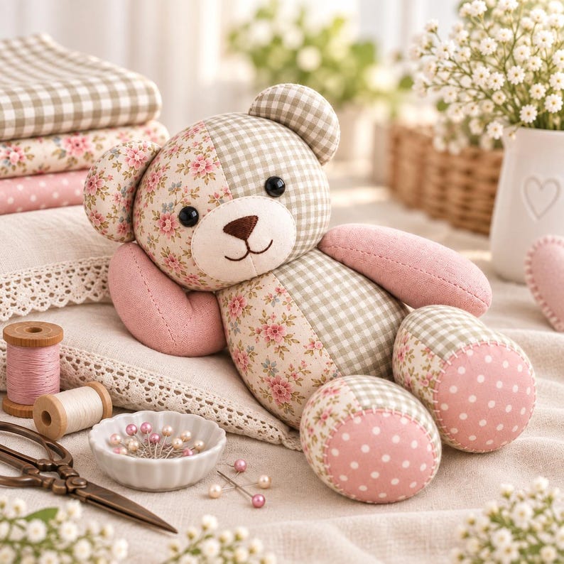 Memory Bear Sewing Pattern PDF, Patchwork Keepsake Teddy Bear Pattern, Stuffed Animal Sewing Template, Heirloom Memory Bear Tutorial image 2