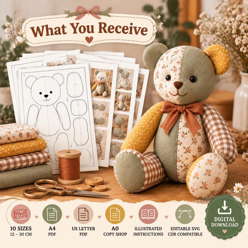 Memory Bear Sewing Pattern PDF, Patchwork Teddy Bear Template, Keepsake Memory Bear Pattern, 10 Sizes, A4 US Letter & Projector File image 2