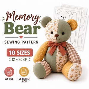 Memory Bear Sewing Pattern PDF, Patchwork Teddy Bear Template, Keepsake Memory Bear Pattern, 10 Sizes, A4 US Letter & Projector File