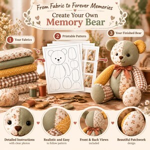 Memory Bear Sewing Pattern PDF, Patchwork Teddy Bear Template, Keepsake Memory Bear Pattern, 10 Sizes, A4 US Letter & Projector File image 3