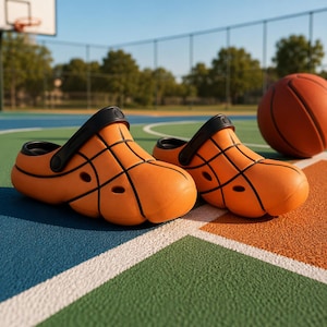 Peut inclure: Une paire de sabots orange avec des lignes noires rappelant la texture et le motif d'un ballon de basket. La chaussure présente une bride de talon pivotante noire et des trous de ventilation latéraux, avec un bout arrondi et une semelle moulée.
